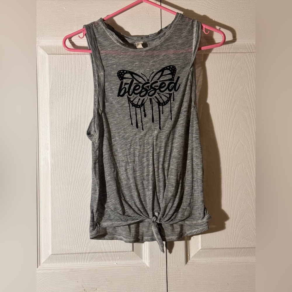 Gray Sleeveless Top with Butterfly Print Tie Front